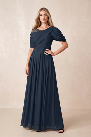Dark Navy Draped Short Sleeves A-Line Chiffon Mother of the Bride Dress | KISSBRIDAL
