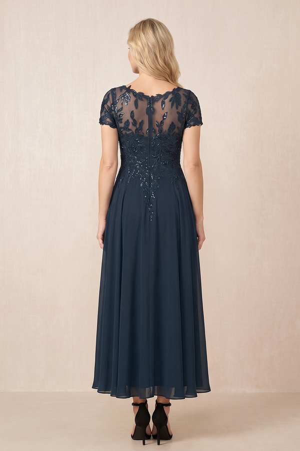 Dark Navy Embroidered A-Line Chiffon Illusion Neck Ruched Mother of the Bride Dress (2) | KISSBRIDAL