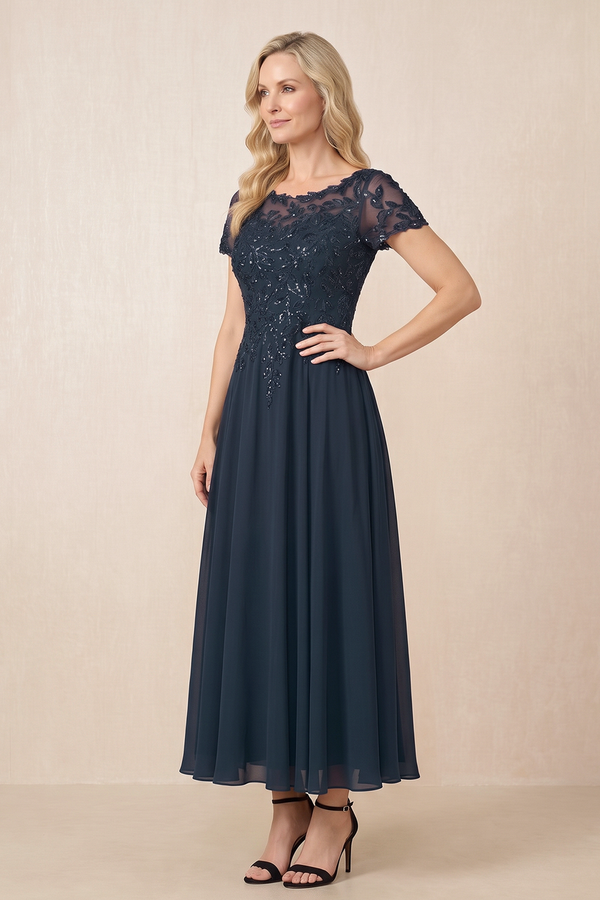 Dark Navy Embroidered A-Line Chiffon Illusion Neck Ruched Mother of the Bride Dress (3) | KISSBRIDAL