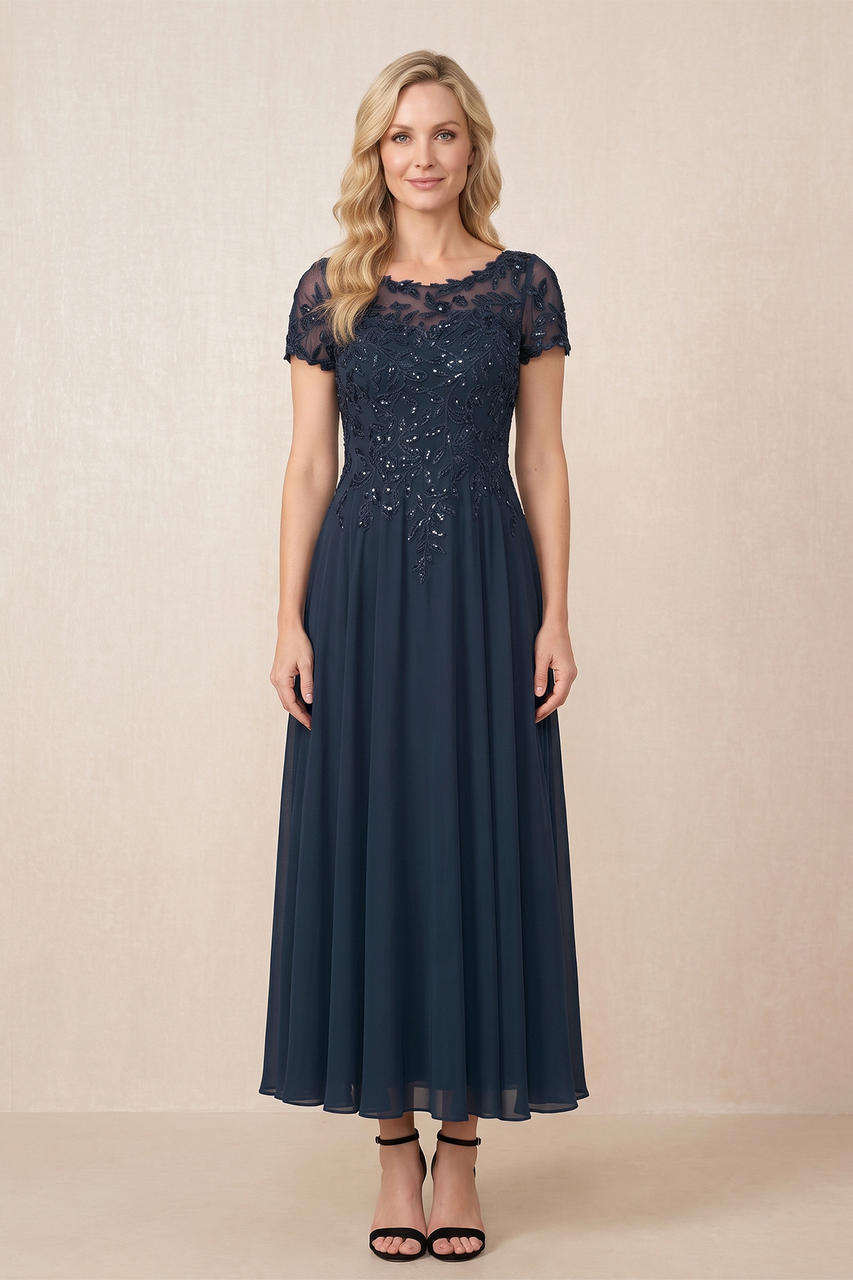 Dark Navy Embroidered A-Line Chiffon Illusion Neck Ruched Mother of the Bride Dress