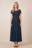 Dark Navy Embroidered A-Line Chiffon Illusion Neck Ruched Mother of the Bride Dress | KISSBRIDAL