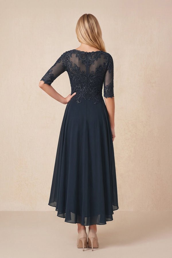 Dark Navy Embroidered A-Line Chiffon Midi Mother of the Bride Dress with Sleeves (2) | KISSBRIDAL