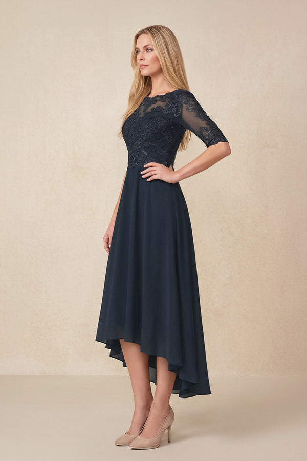 Dark Navy Embroidered A-Line Chiffon Midi Mother of the Bride Dress with Sleeves (3) | KISSBRIDAL