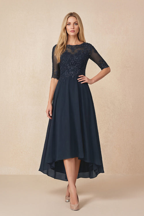 Dark Navy Embroidered A-Line Chiffon Midi Mother of the Bride Dress with Sleeves | KISSBRIDAL