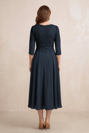 Dark Navy Embroidered Chiffon A-Line Midi Mother of the Bride Dress (2) | KISSBRIDAL