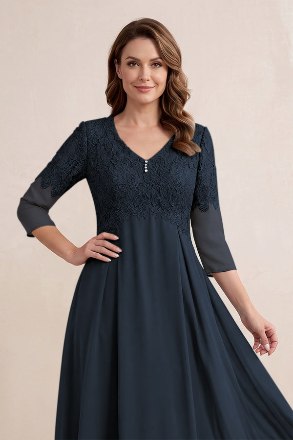 Dark Navy Embroidered Chiffon A-Line Midi Mother of the Bride Dress (3) | KISSBRIDAL