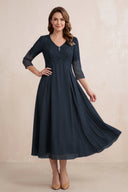 Dark Navy Embroidered Chiffon A-Line Midi Mother of the Bride Dress | KISSBRIDAL