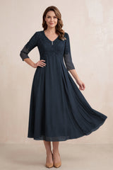 Dark Navy Embroidered Chiffon A-Line Midi Mother of the Bride Dress | KISSBRIDAL