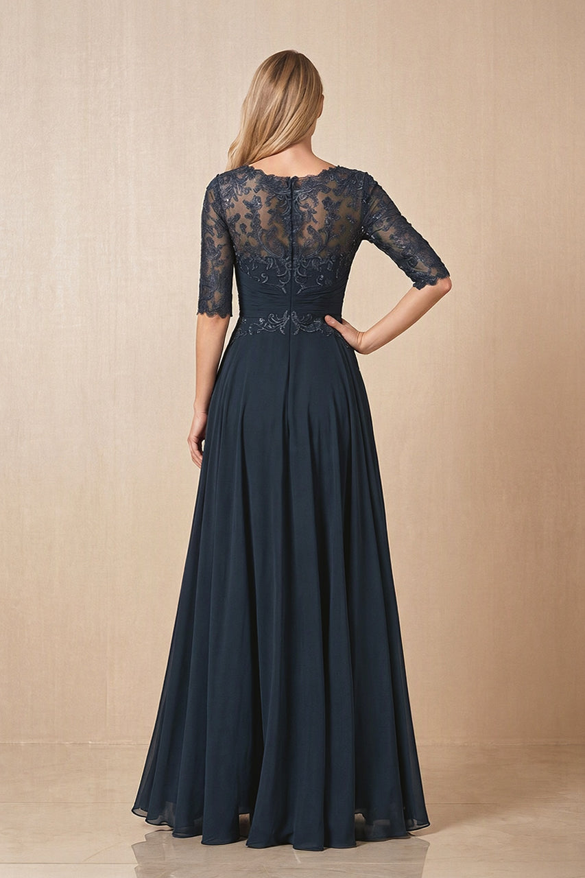 Dark Navy Embroidered Chiffon Boat Neck A-Line Mother of the Bride Dress with Half Sleeves