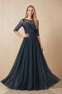 Dark Navy Embroidered Chiffon Boat Neck A-Line Mother of the Bride Dress with Half Sleeves | KISSBRIDAL