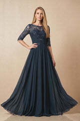 Dark Navy Embroidered Chiffon Boat Neck A-Line Mother of the Bride Dress with Half Sleeves | KISSBRIDAL