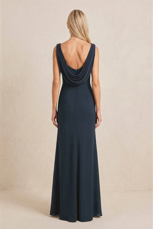 Dark Navy Embroidered Cowl Neck Sheath Chiffon Mother of the Bride Dress (2) | KISSBRIDAL