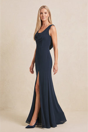 Dark Navy Embroidered Cowl Neck Sheath Chiffon Mother of the Bride Dress (3) | KISSBRIDAL