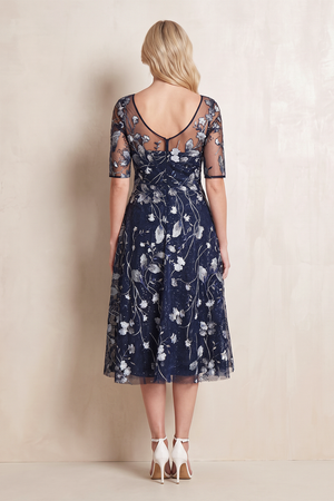 Dark Navy Embroidery A-Line Illusion Neck Midi Mother of the Bride Dress (2) | KISSBRIDAL