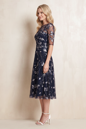 Dark Navy Embroidery A-Line Illusion Neck Midi Mother of the Bride Dress (3) | KISSBRIDAL