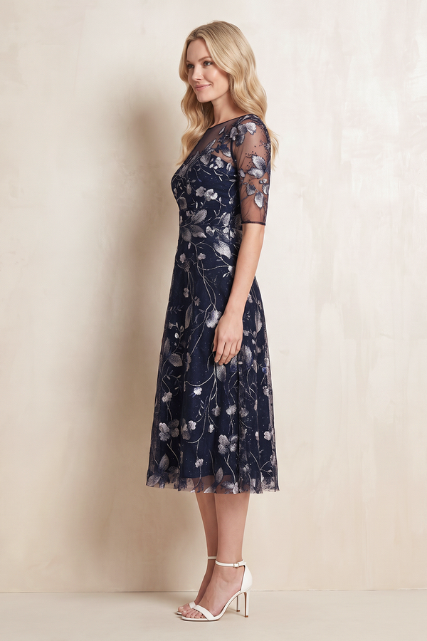 Dark Navy Embroidery A-Line Illusion Neck Midi Mother of the Bride Dress (3) | KISSBRIDAL