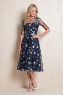 Dark Navy Embroidery A-Line Illusion Neck Midi Mother of the Bride Dress | KISSBRIDAL