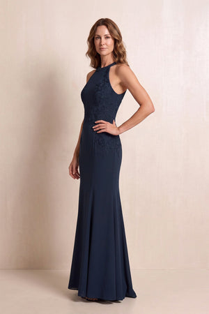 Dark Navy Halter Mermaid Matte Satin Mother of the Bride Dress with Embroidered (2) | KISSBRIDAL