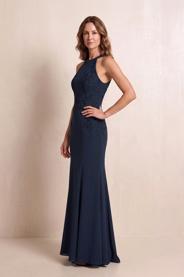 Dark Navy Halter Mermaid Matte Satin Mother of the Bride Dress with Embroidered (2) | KISSBRIDAL