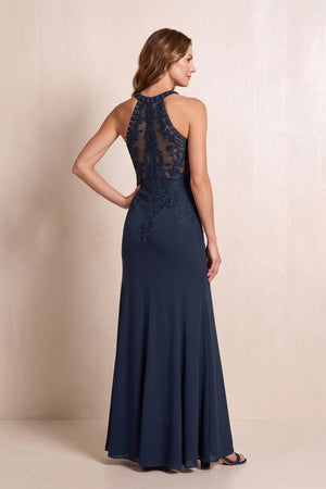 Dark Navy Halter Mermaid Matte Satin Mother of the Bride Dress with Embroidered (3) | KISSBRIDAL