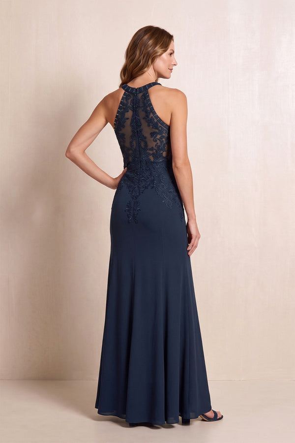 Dark Navy Halter Mermaid Matte Satin Mother of the Bride Dress with Embroidered (3) | KISSBRIDAL