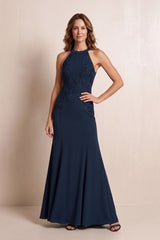 Dark Navy Halter Mermaid Matte Satin Mother of the Bride Dress with Embroidered | KISSBRIDAL