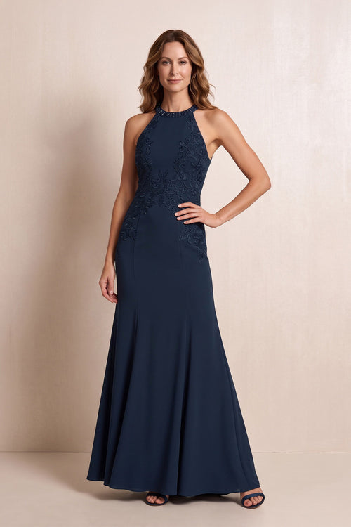 Dark Navy Halter Mermaid Matte Satin Mother of the Bride Dress with Embroidered | KISSBRIDAL