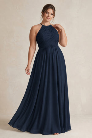 Dark Navy Halter Pleated Chiffon A-Line Bridesmaid Dress [sizeplus] | KISSBRIDAL