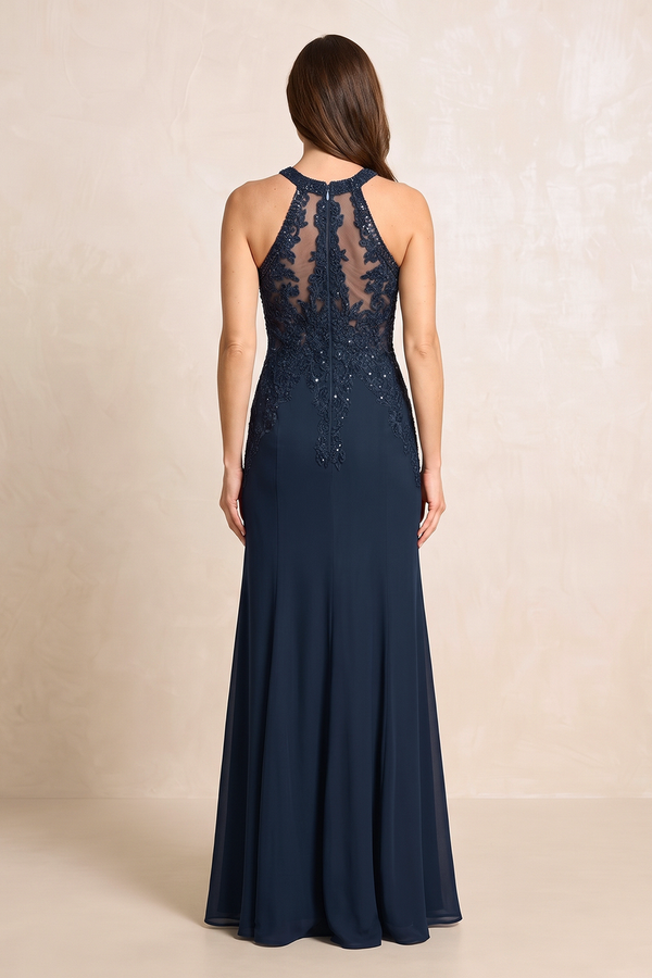 Dark Navy Halter Sheath Chiffon Embroidered Mother of the Bride Dress (2) | KISSBRIDAL