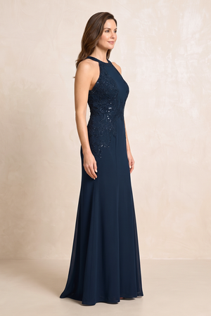 Dark Navy Halter Sheath Chiffon Embroidered Mother of the Bride Dress (3) | KISSBRIDAL