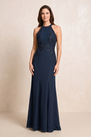 Dark Navy Halter Sheath Chiffon Embroidered Mother of the Bride Dress | KISSBRIDAL