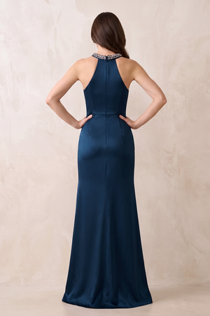 Dark Navy Halter Sheath Satin Ruched Mother of the Bride Dress with Slit (2) | KISSBRIDAL