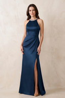 Dark Navy Halter Sheath Satin Ruched Mother of the Bride Dress with Slit (3) | KISSBRIDAL
