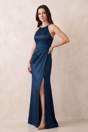 Dark Navy Halter Sheath Satin Ruched Mother of the Bride Dress with Slit | KISSBRIDAL