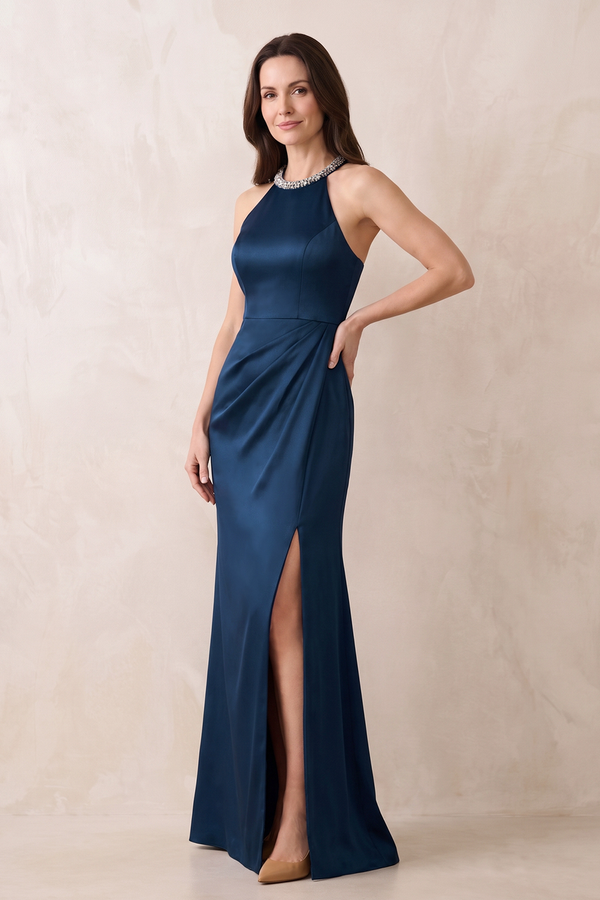 Dark Navy Halter Sheath Satin Ruched Mother of the Bride Dress with Slit | KISSBRIDAL