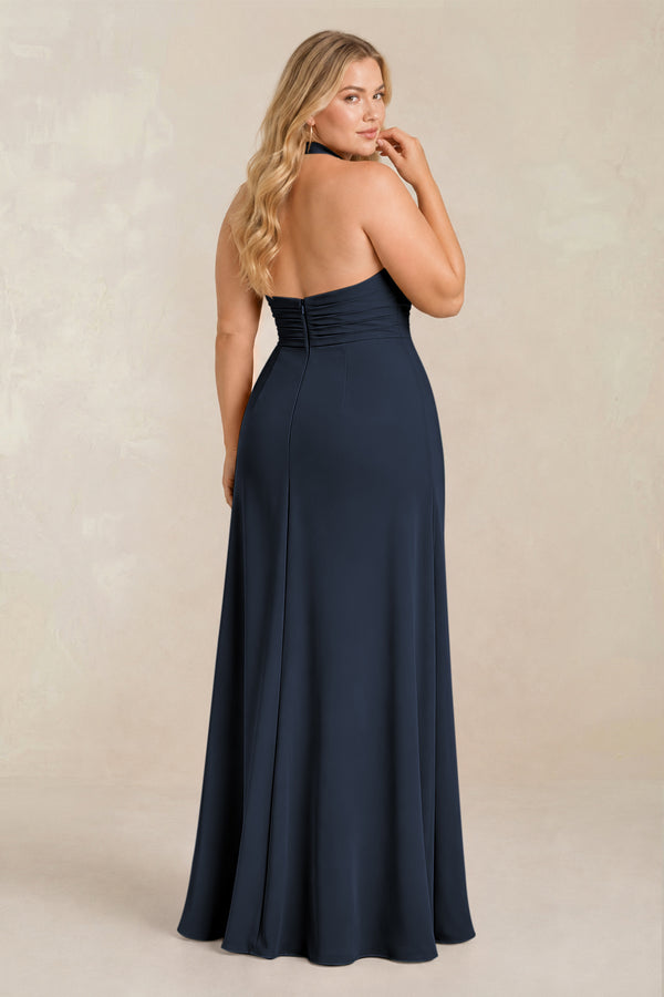 Dark Navy High Neck Chiffon Sheath Ruched Bridesmaid Dress (2) [sizeplus] | KISSBRIDAL