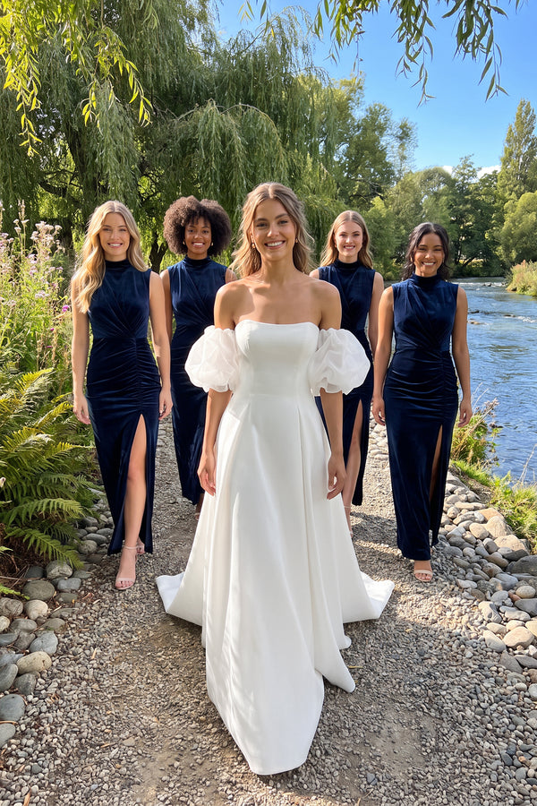 Dark Navy High Neck Sheath Velvet Bridesmaid Dress With Slit | KISSBRIDAL