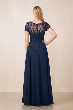 Dark Navy Illusion Neck A-Line Chiffon Cap Sleeves Mother of the Bride Dress (2) | KISSBRIDAL