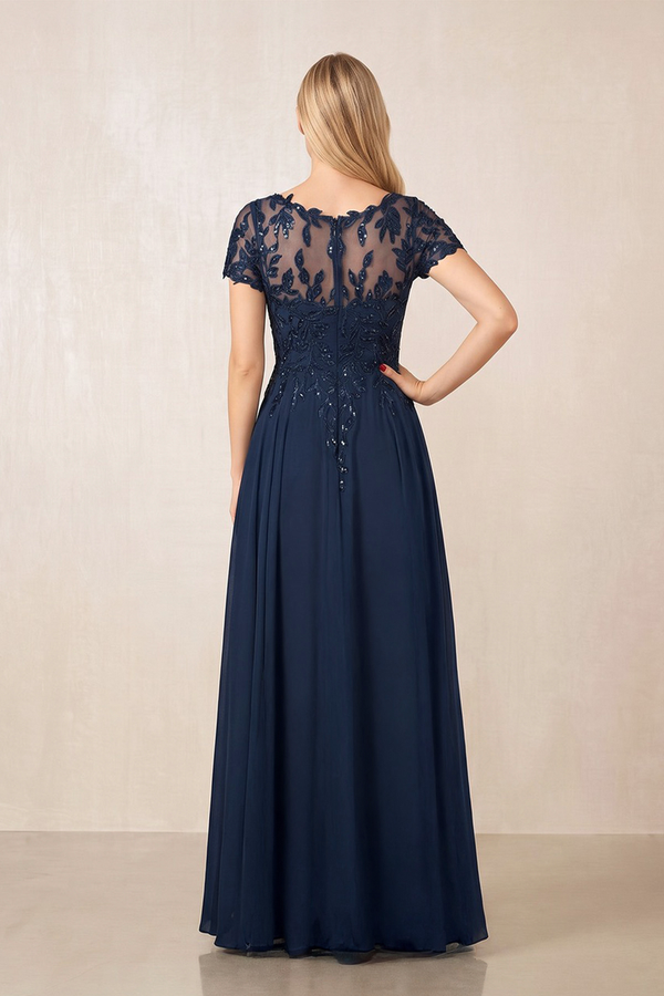 Dark Navy Illusion Neck A-Line Chiffon Cap Sleeves Mother of the Bride Dress (2) | KISSBRIDAL
