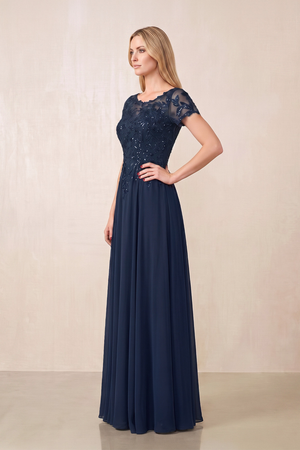 Dark Navy Illusion Neck A-Line Chiffon Cap Sleeves Mother of the Bride Dress (3) | KISSBRIDAL