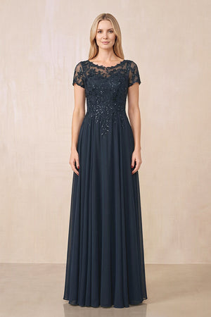 Dark Navy Illusion Neck A-Line Chiffon Cap Sleeves Mother of the Bride Dress | KISSBRIDAL