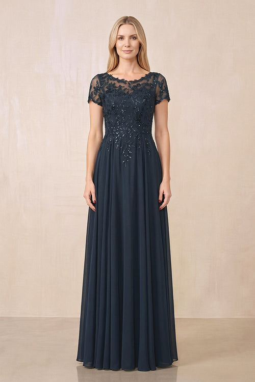 Dark Navy Illusion Neck A-Line Chiffon Cap Sleeves Mother of the Bride Dress | KISSBRIDAL