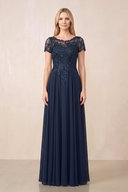 Dark Navy Illusion Neck A-Line Chiffon Cap Sleeves Mother of the Bride Dress | KISSBRIDAL