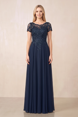 Dark Navy Illusion Neck A-Line Chiffon Cap Sleeves Mother of the Bride Dress | KISSBRIDAL