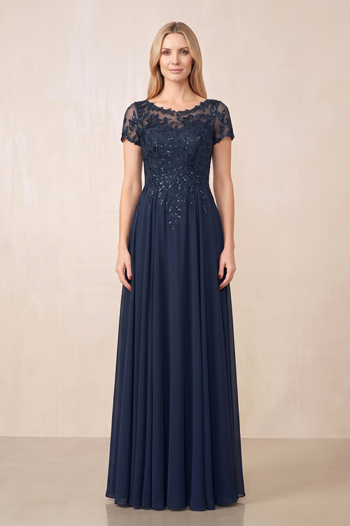 Dark Navy Illusion Neck A-Line Chiffon Cap Sleeves Mother of the Bride Dress | KISSBRIDAL