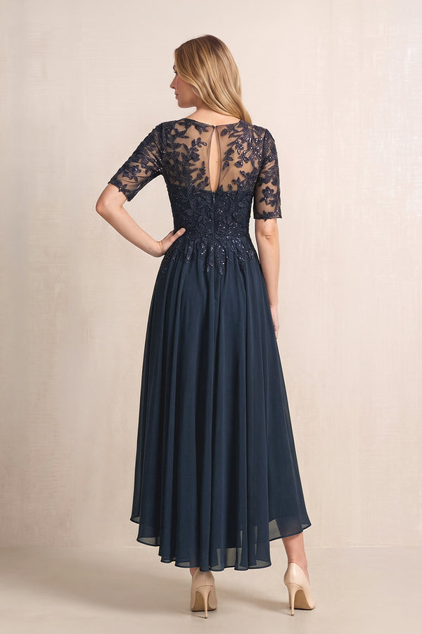 Dark Navy Illusion Neck A-Line Chiffon Lace Midi Mother of the Bride Dress with Half Sleeves (2) | KISSBRIDAL