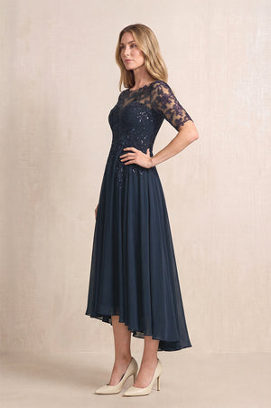 Dark Navy Illusion Neck A-Line Chiffon Lace Midi Mother of the Bride Dress with Half Sleeves (3) | KISSBRIDAL