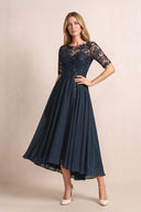Dark Navy Illusion Neck A-Line Chiffon Lace Midi Mother of the Bride Dress with Half Sleeves | KISSBRIDAL