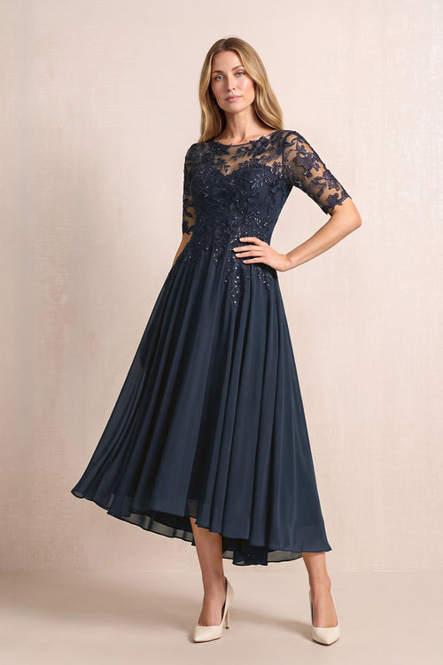 Dark Navy Illusion Neck A-Line Chiffon Lace Midi Mother of the Bride Dress with Half Sleeves | KISSBRIDAL