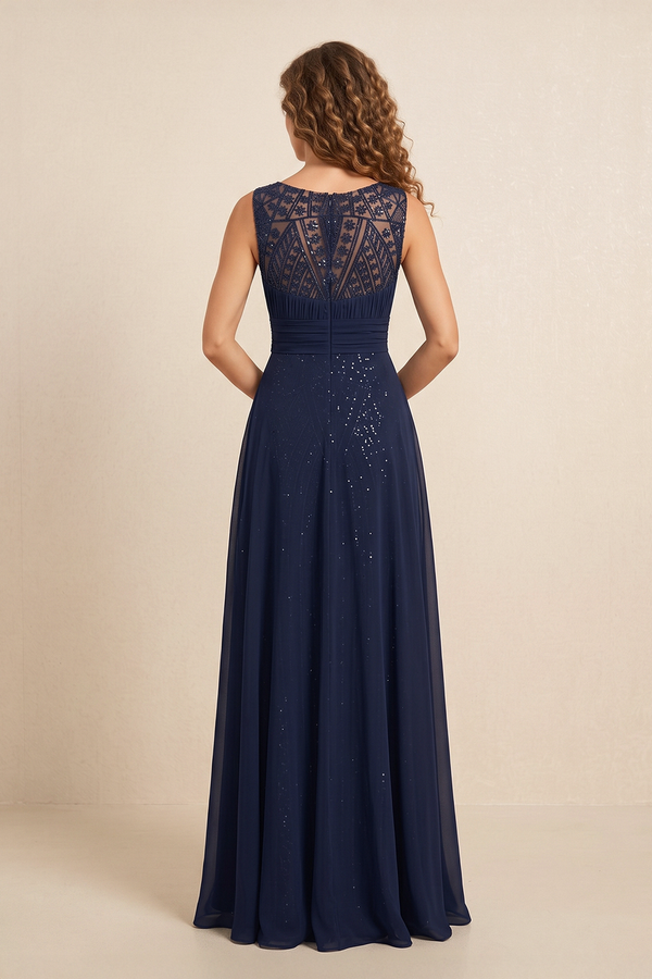 Dark Navy Illusion Neck A-Line Chiiffon Embroidered Pleated Mother of the Bride Dress (2) | KISSBRIDAL